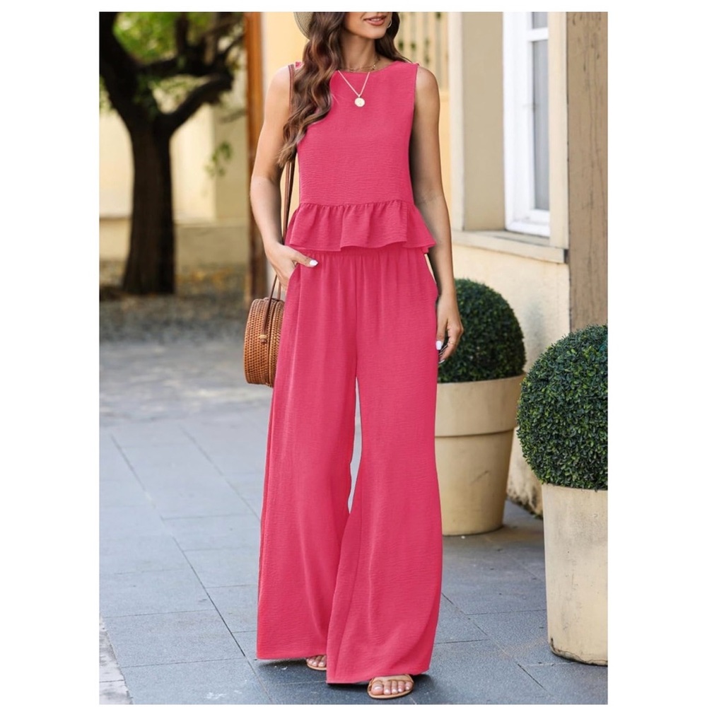 Chic Sleeveless Pink Wide Leg Set